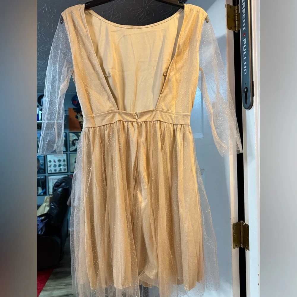 Elegant Cream Sheer Sleeve Dress with Sparkles, Open Back! New!! - Picture 11 of 14